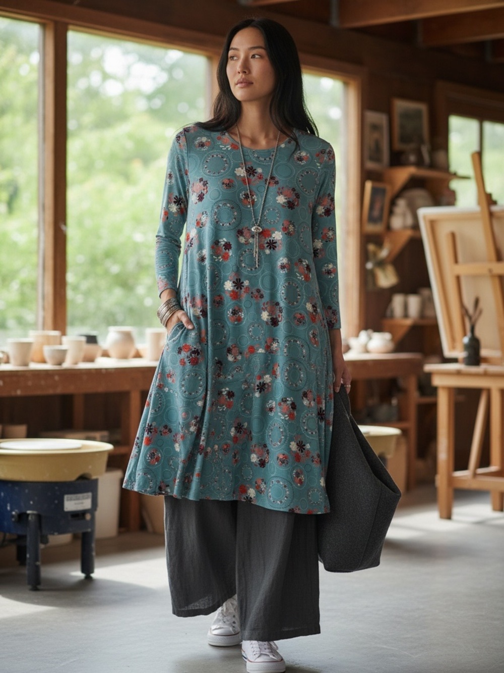 Gudrun Sjoden Teal Floral Artsy Swing Tunic Dress Lagenlook Organic Cotton Large